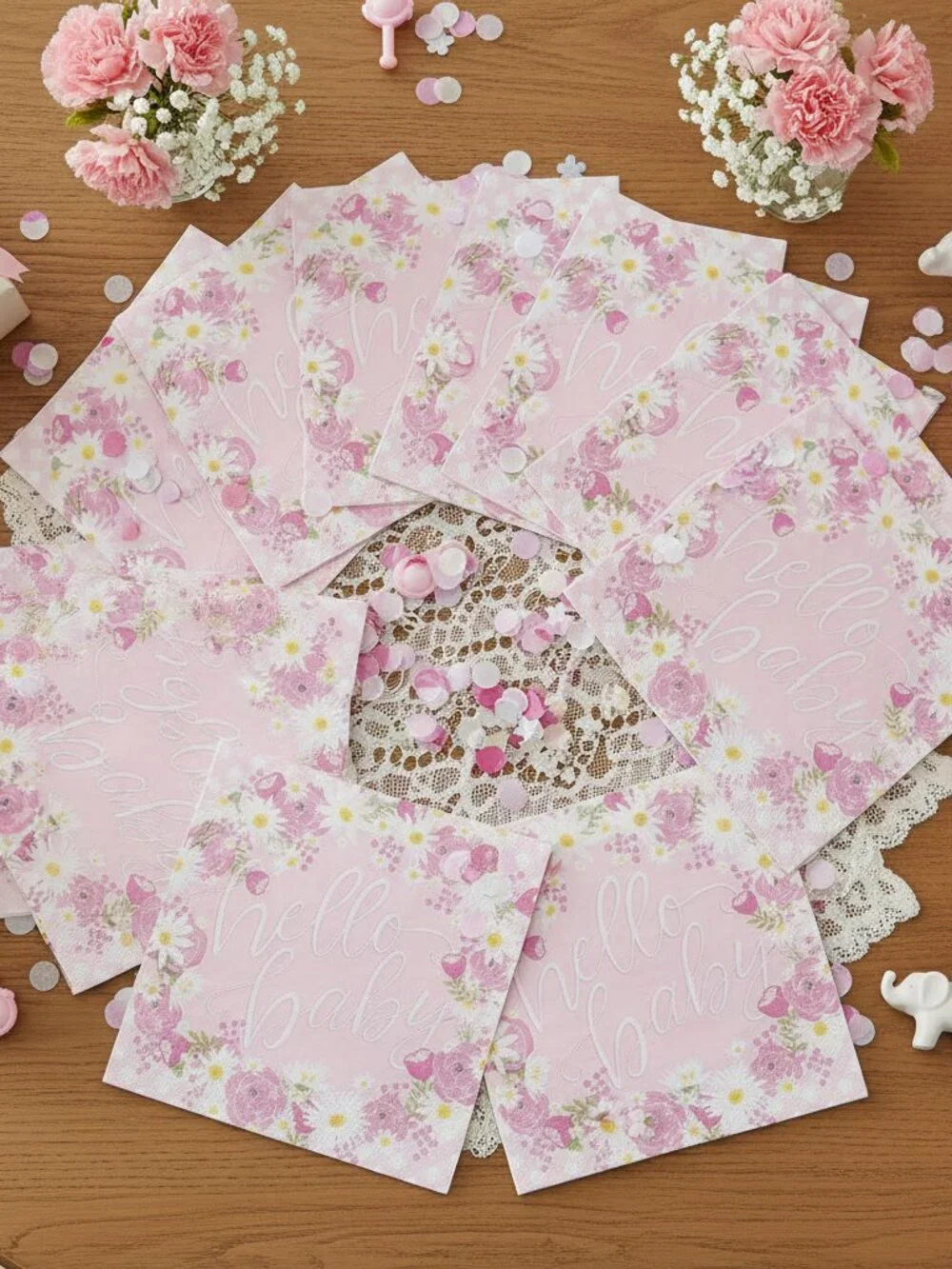 Pink Hello Baby Shower Napkins 50ct - Floral Gingham Party Supplies 6.5